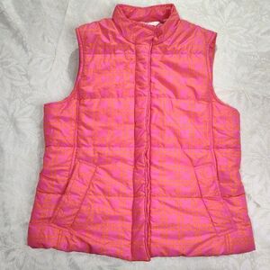 Liz Claiborne New York Puffer Vest Pink Orange Womens Large Zip & Button Up